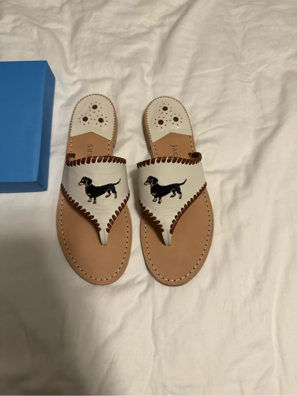 Jack Rogers White Leather Dachshund Embroidered Thong Sandals